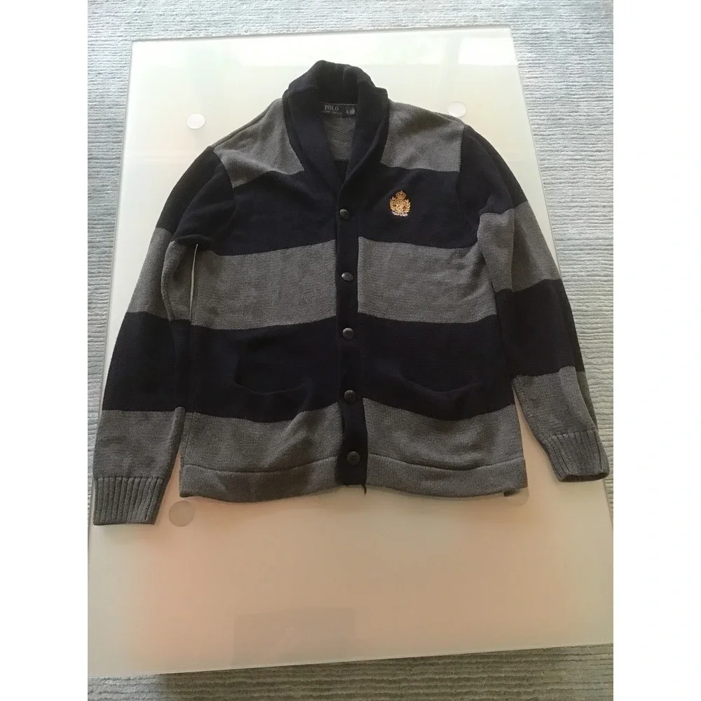 Polo Ralph Lauren Shawl Collar Cardigan Sweater Navy Grey Striped Crest Logo XL